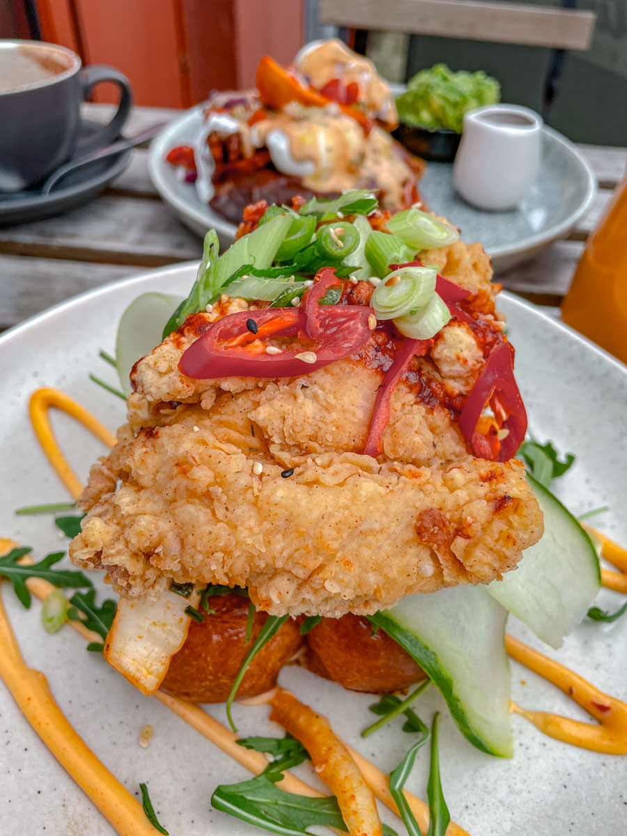 Fried food with vegetables on a plate.