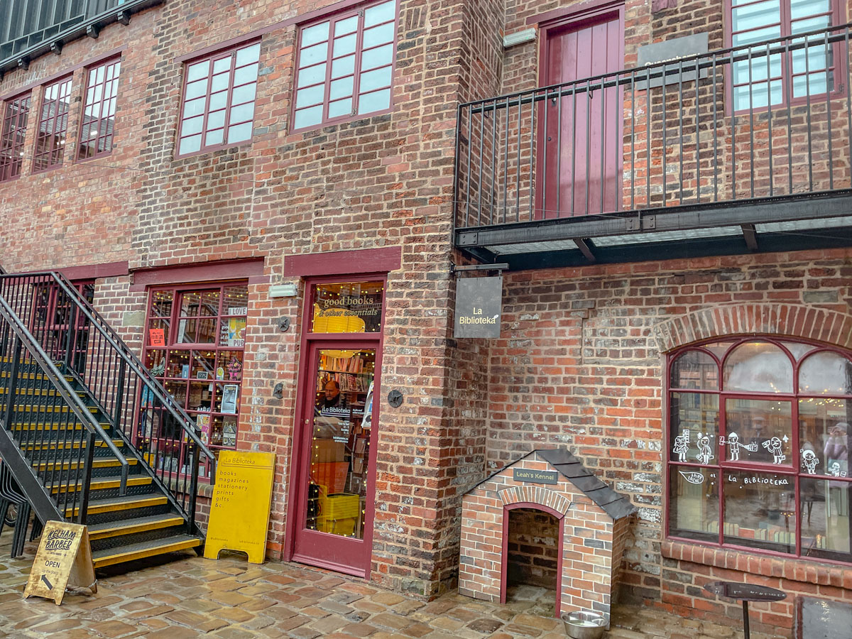 The entrance of a bookstore at a brick building in Sheffield, UK.