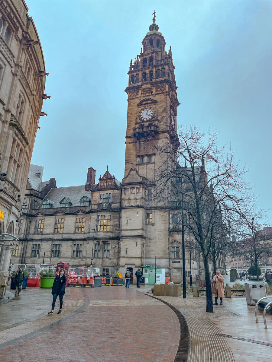 The buildings and walkways surrounding Peace Gardens in Sheffield.