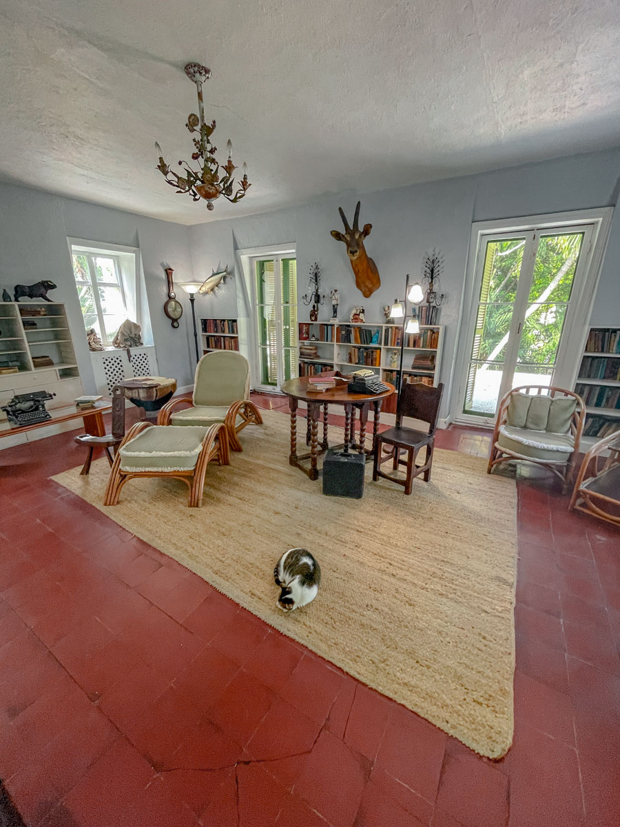 Inside the Ernest Hemingway home with cat, furniture, including book shelves, chairs, tables, chandeliers, and decor.