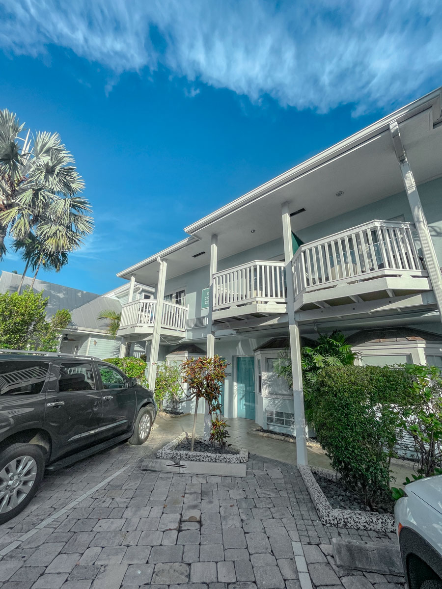 Parking space and front of villas at a beach resort in Key West, Florida.