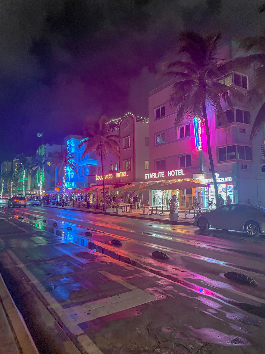 A wet street of Miami with by palm trees and buildings with neon lights at night.