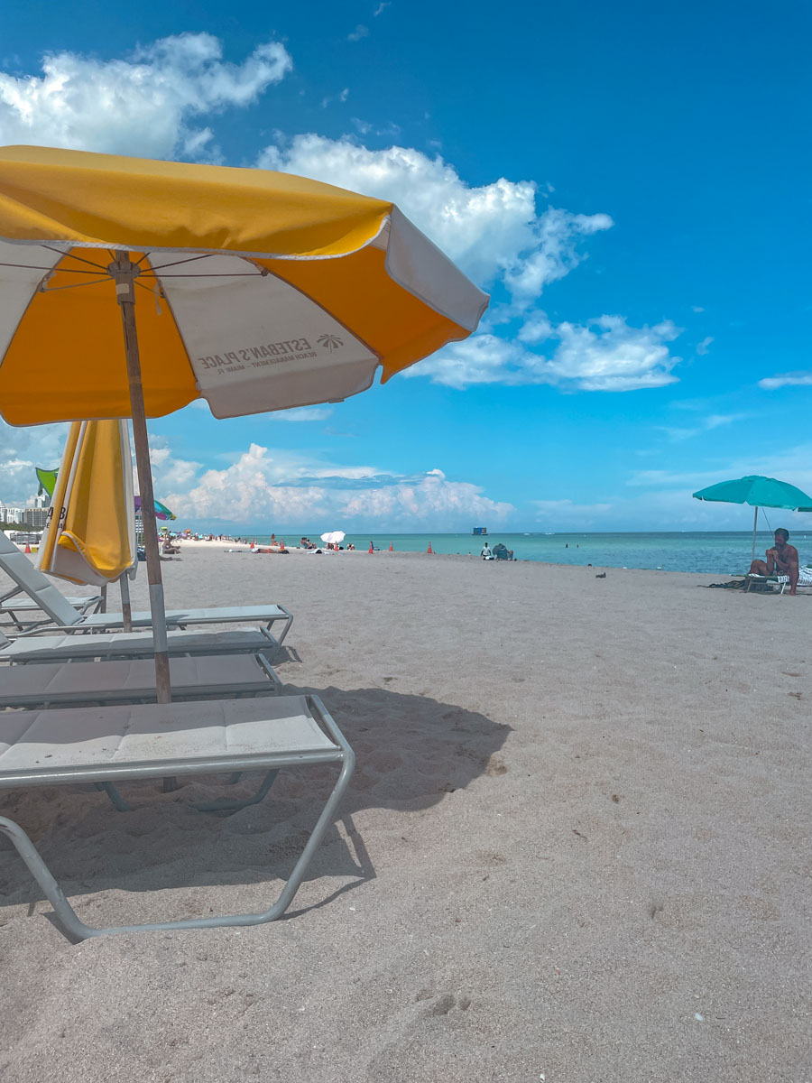 The beach in Miami with people and sun beds.