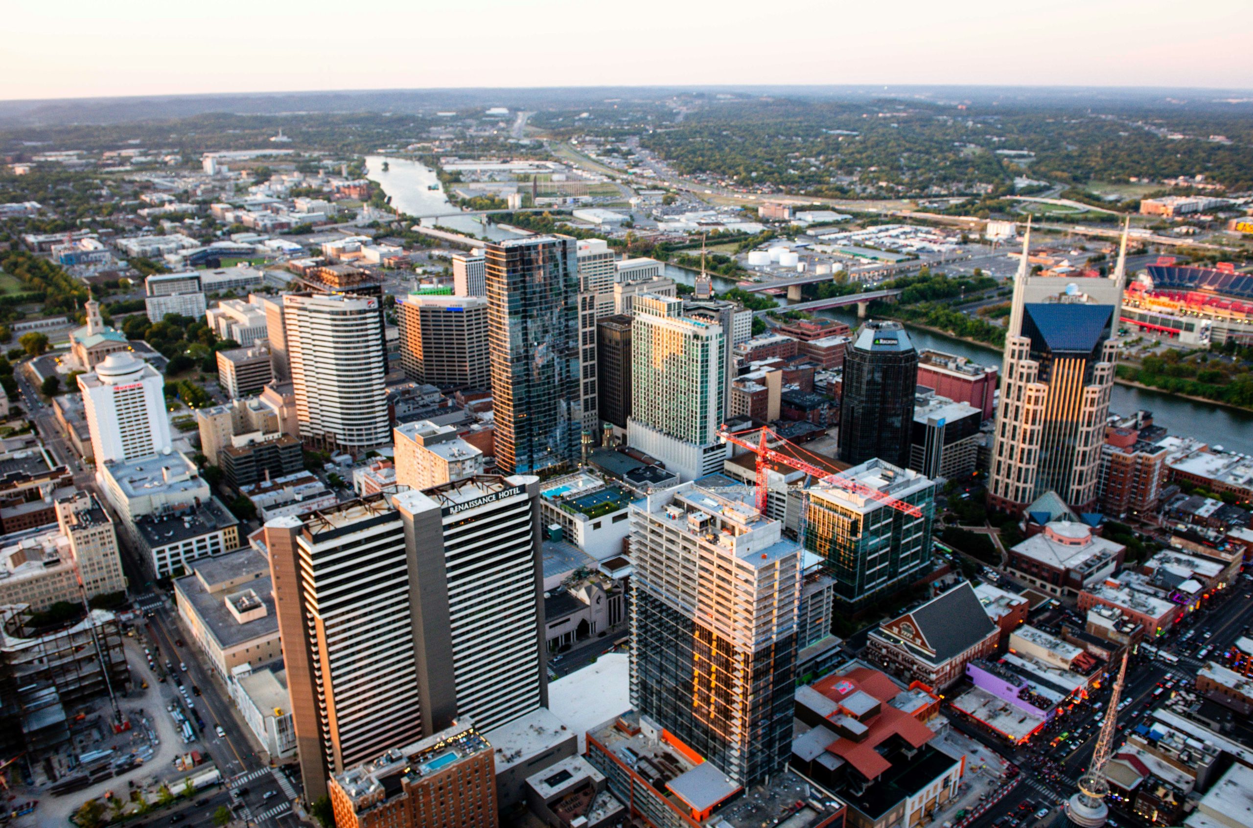 An aerial view of Nashville buildings from a helicopter.