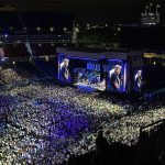 The stage and crowd at a stadium during a concert in Nashville, Tennessee nightlife.