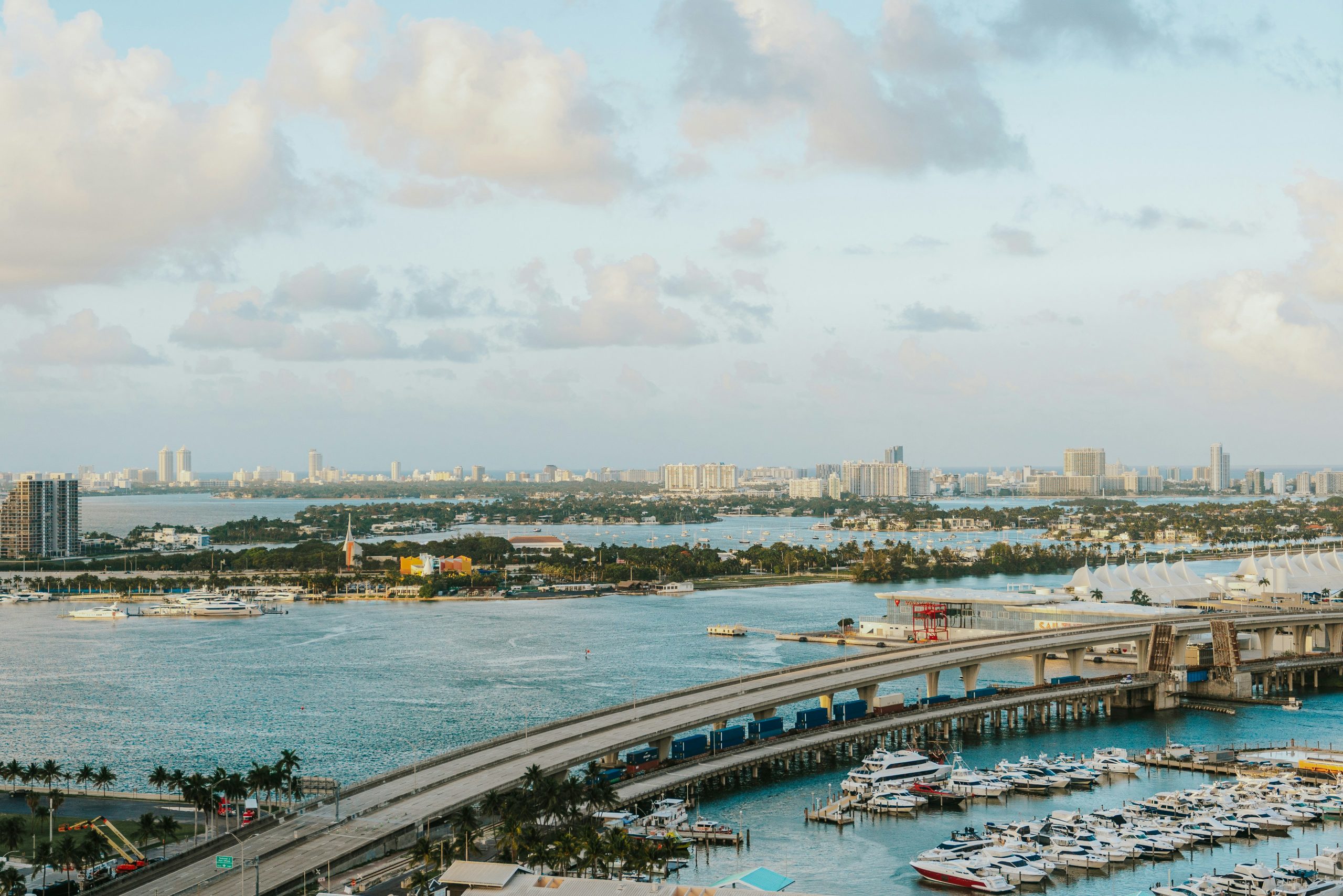 Bridges, yachts, and speedboats at Biscayne Bay, Miami.