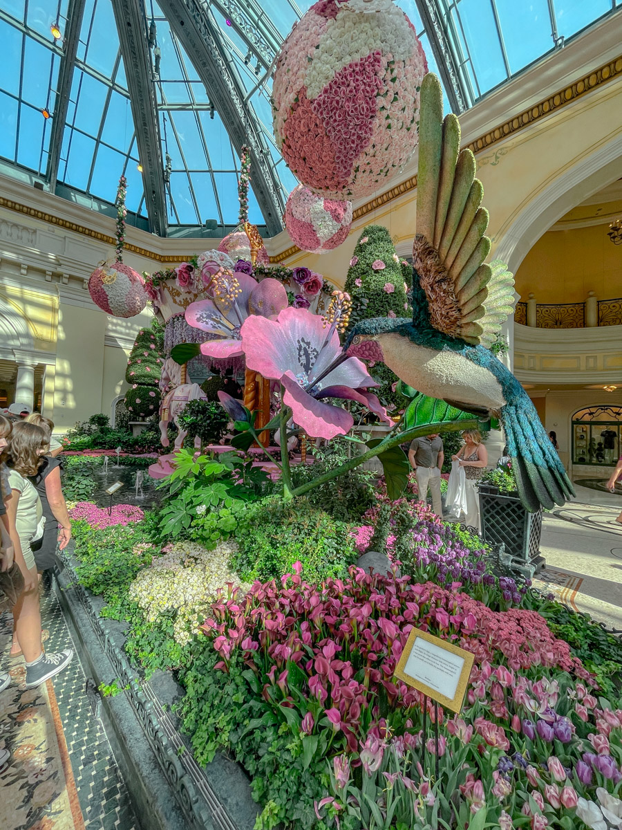 Colorful art and garden exhibit inside the Bellagio Conservatory & Botanical Gardens in Las Vegas.
