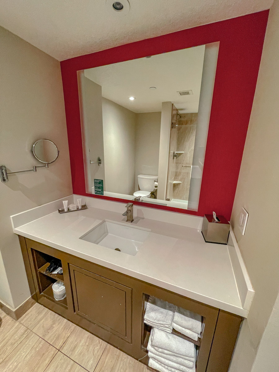 The vanity of a bathroom inside a Las Vegas hotel.