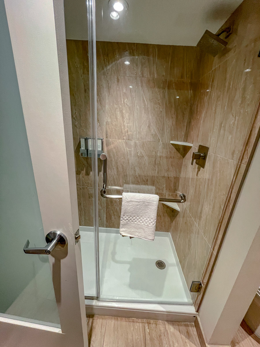 The shower area of a Las Vegas hotel room.