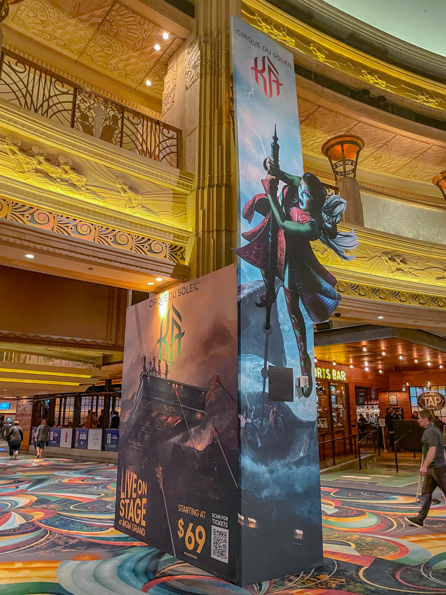 A poster with illustration of KA Cirque du Soleil show inside a hotel in Las Vegas.