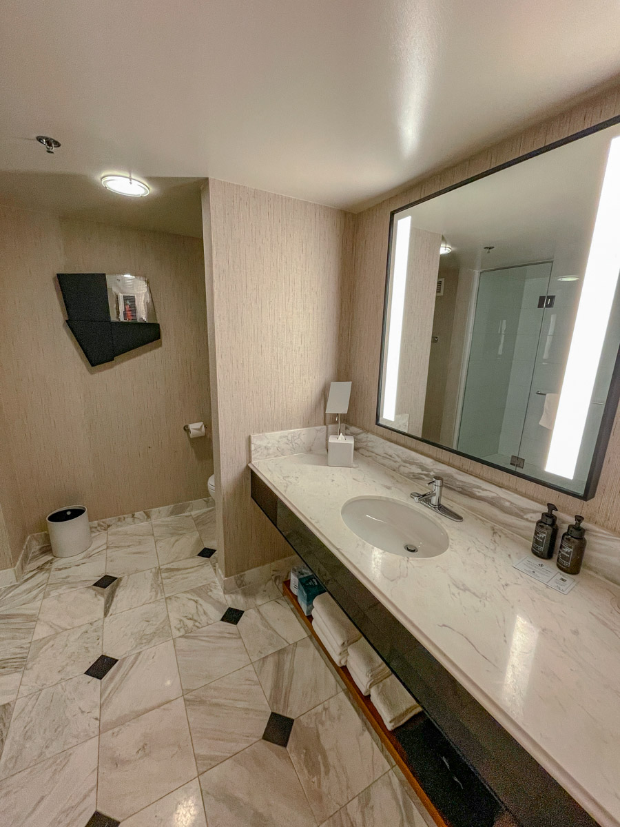 The vanity of the bathroom inside a hotel in Las Vegas.
