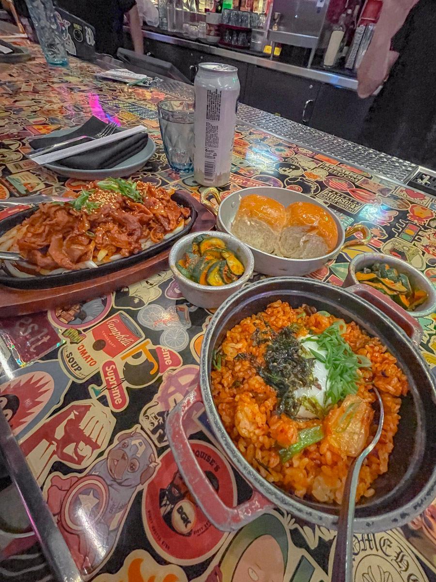 Food on a table at a restaurant inside Park MGM Las Vegas.