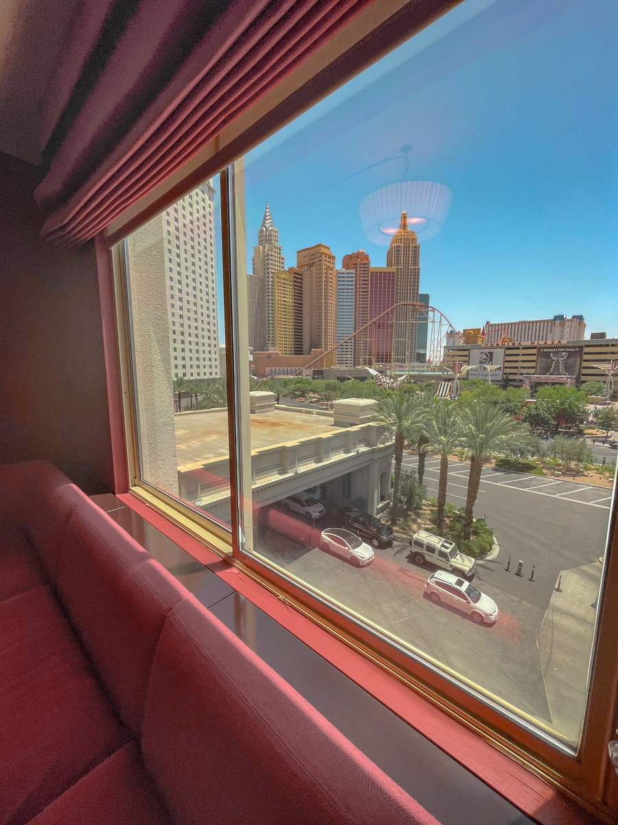 Roads and a view of New York-New York Las Vegas from a window inside a room in Park MGM.