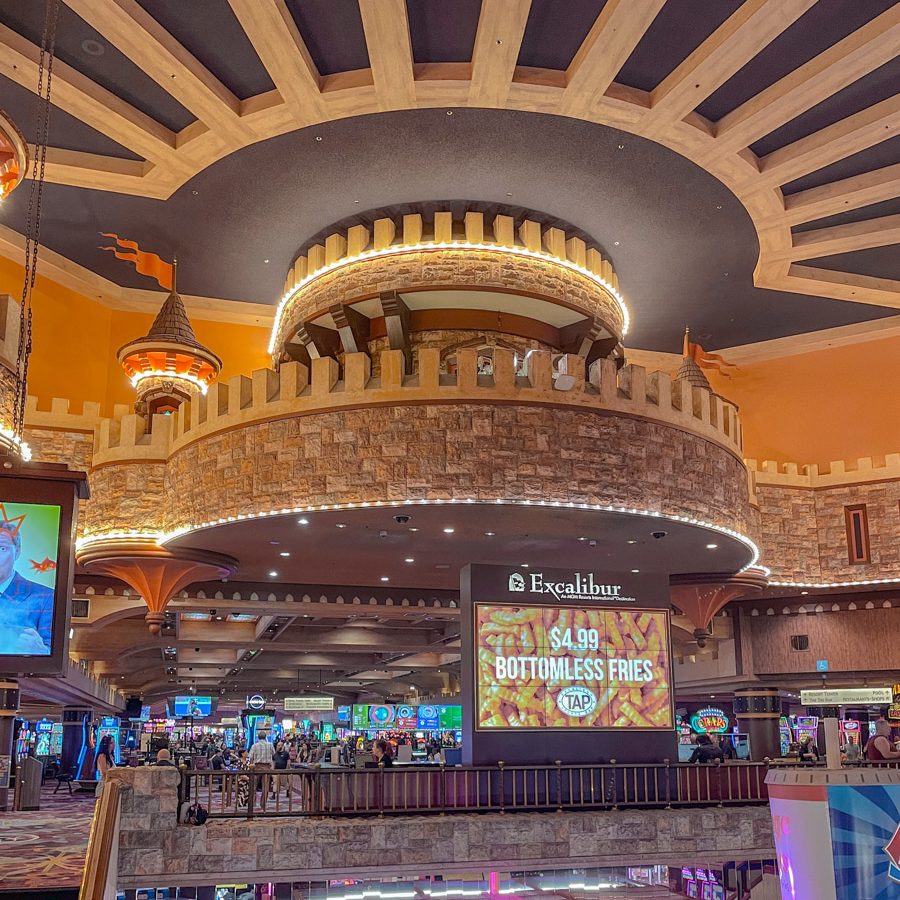 Inside a casino hotel in Las Vegas with castle-like interiors.