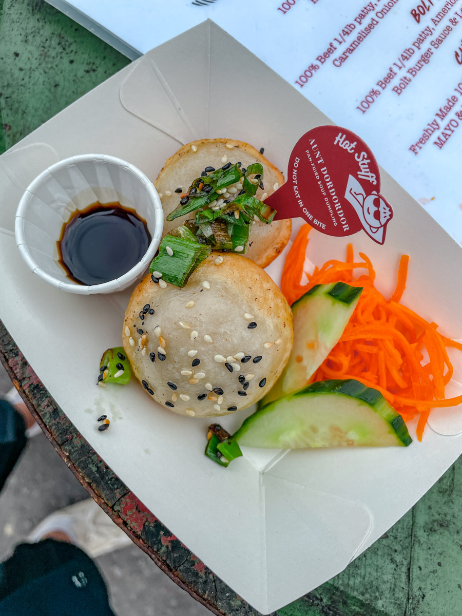 Soup dumplings with veggies.