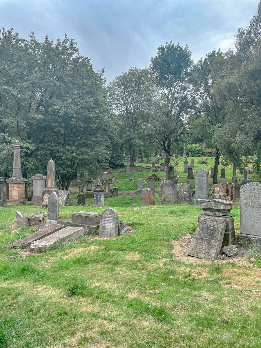 Glasgow Necropolis graveyard with trees.