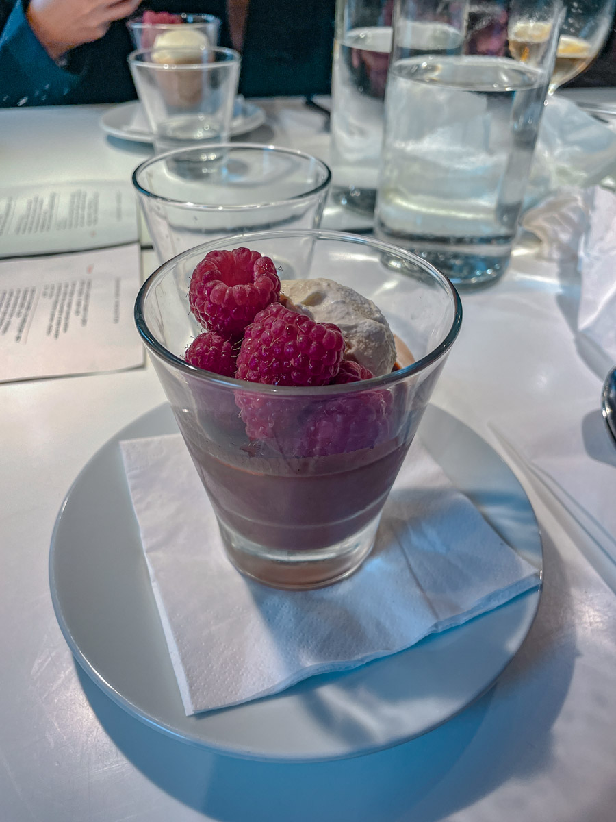 Chocolate panna cotta topped with cream and berries.