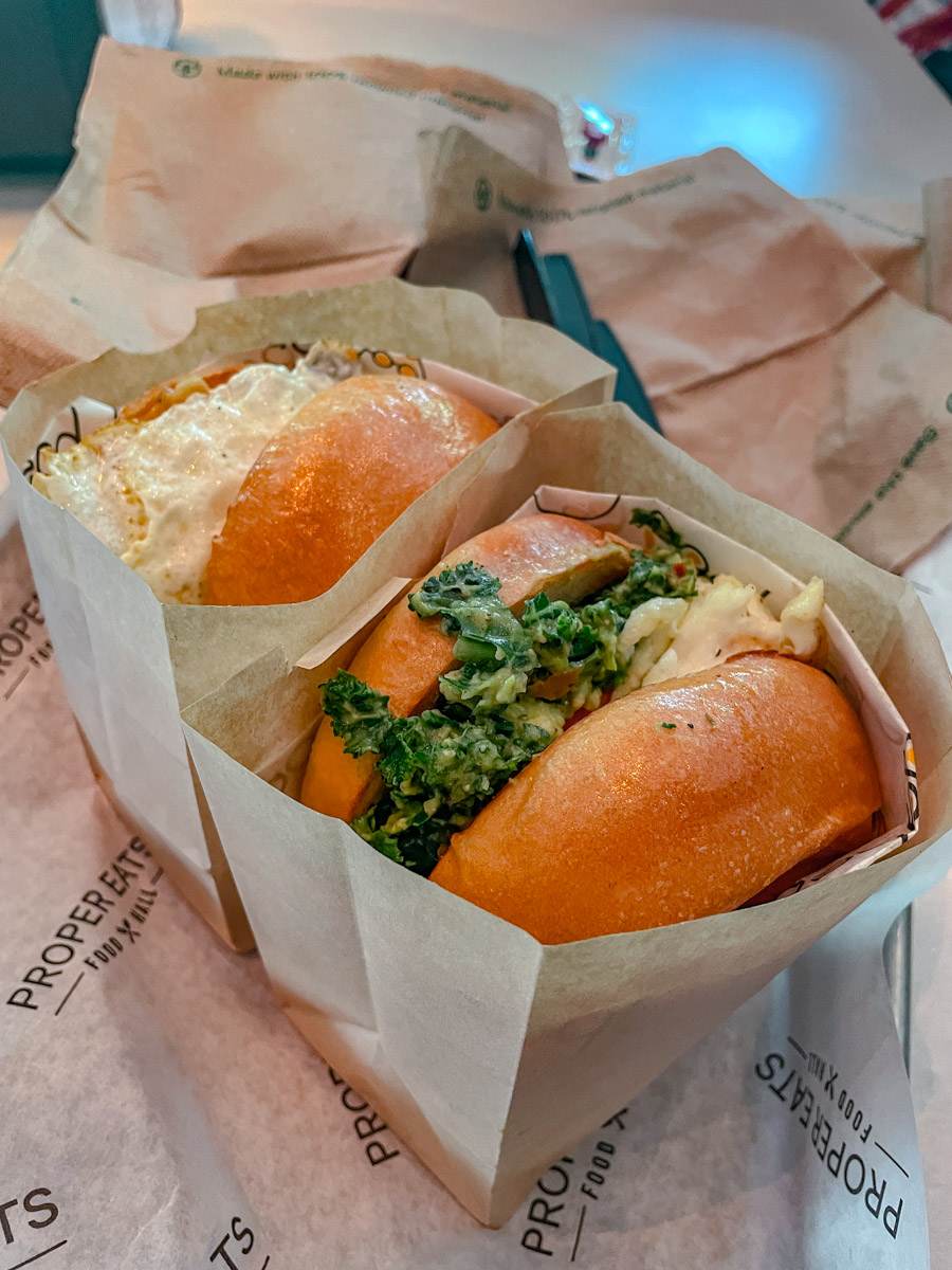 Burgers on paper containers.