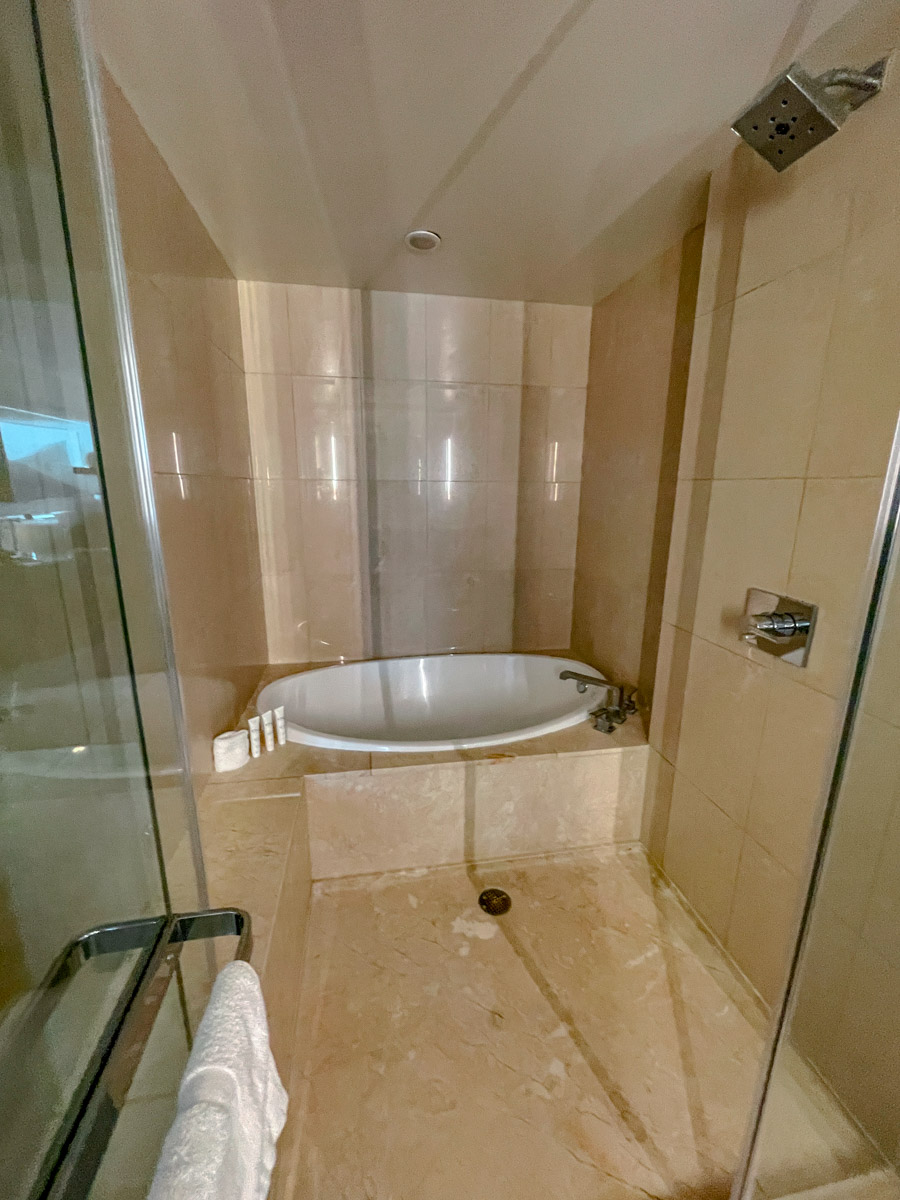Shower area of a hotel room with bathtub.