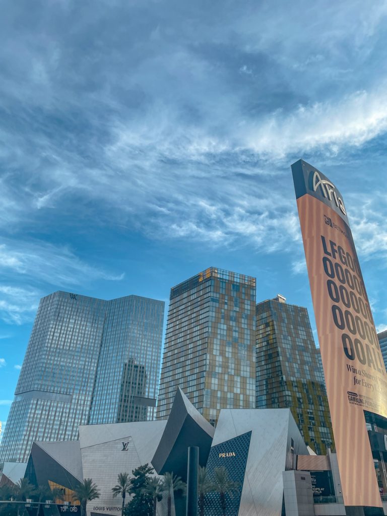 Buildings on the Las Vegas Strip and cloudy sky.