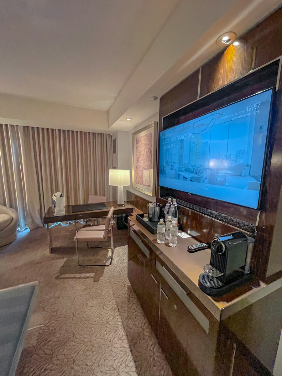 Television and other amenities in a fancy hotel in Las Vegas.