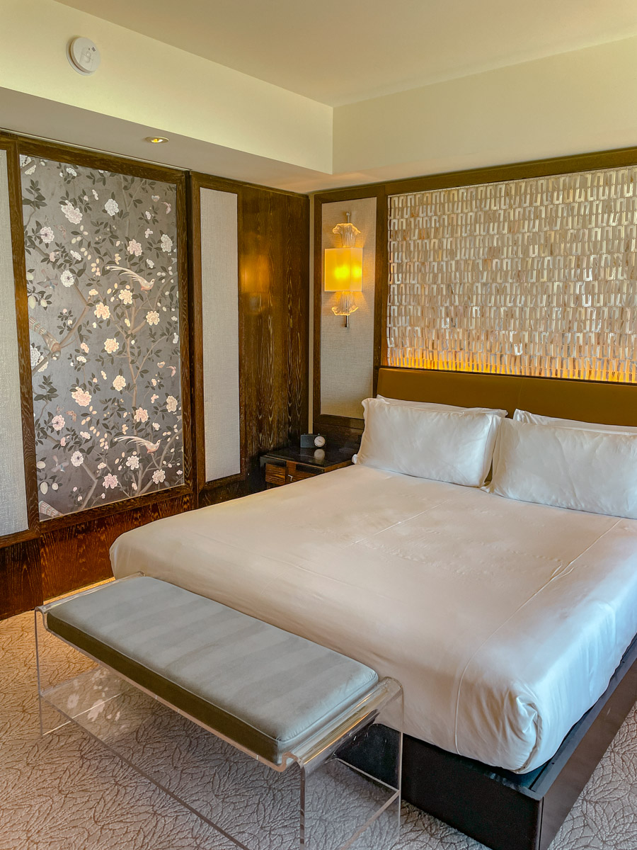 A king bed in a fancy hotel room in Las Vegas.