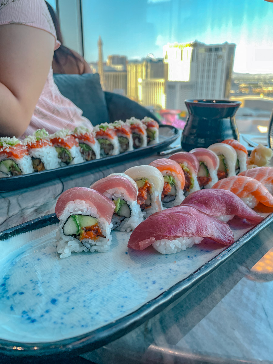Plates of sushi.